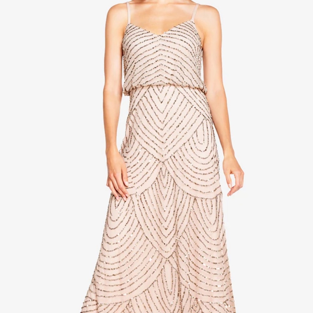 Adrianna Papell Art Deco Beaded Blouson Gown in Taupe Pink